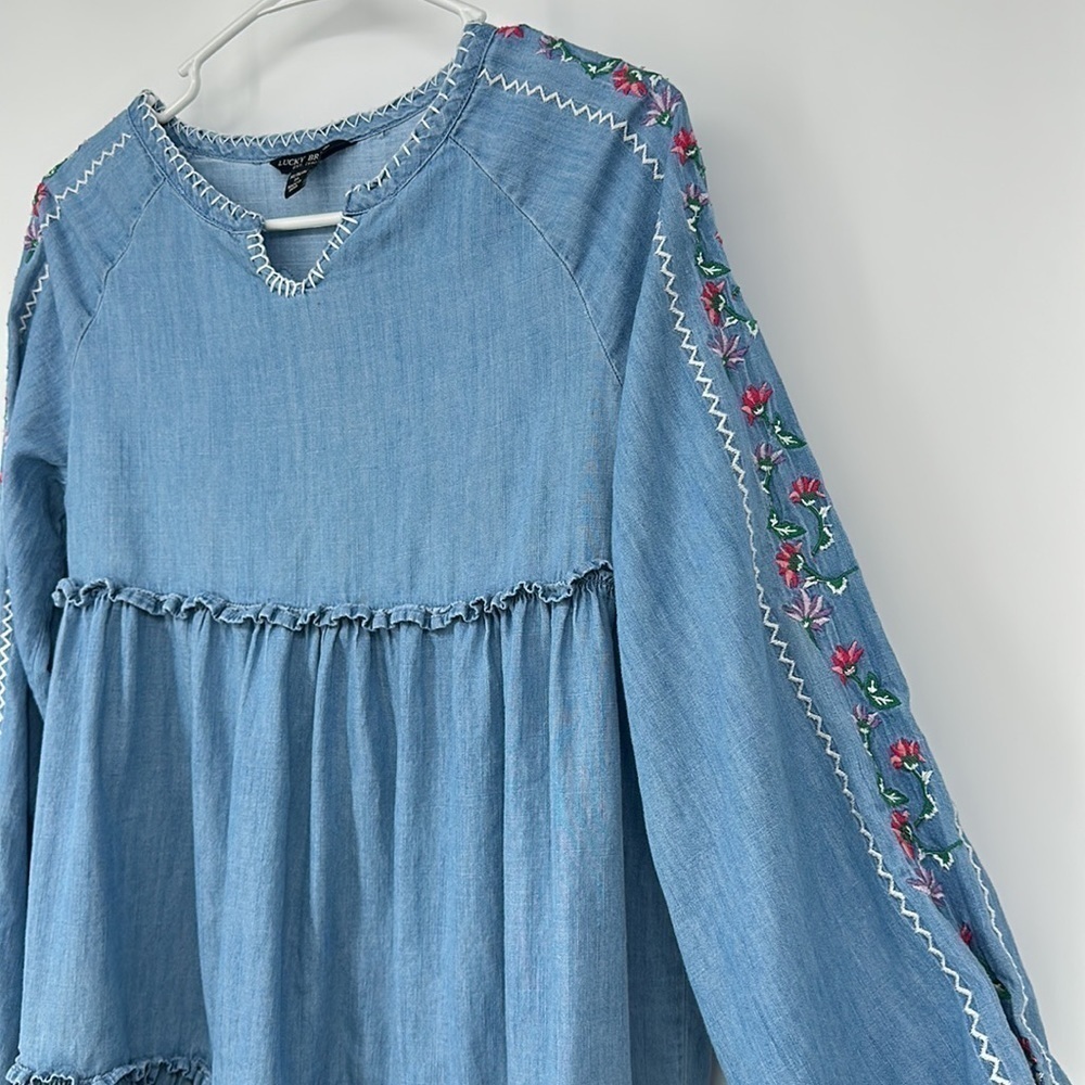 Size XL Lucky Brand Girls Embroidered Cotton Dress Blue Long Sleeve L14 - Picture 6 of 7